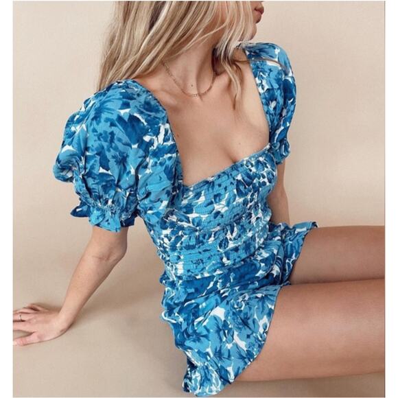 Winston White Blue Romero Romper Floral Ruffle Hem Smocked Stretch Puff Sleeve S - Picture 1 of 9